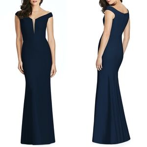 Dessy Midnight Off the Shoulder Crepe Trumpet Gown